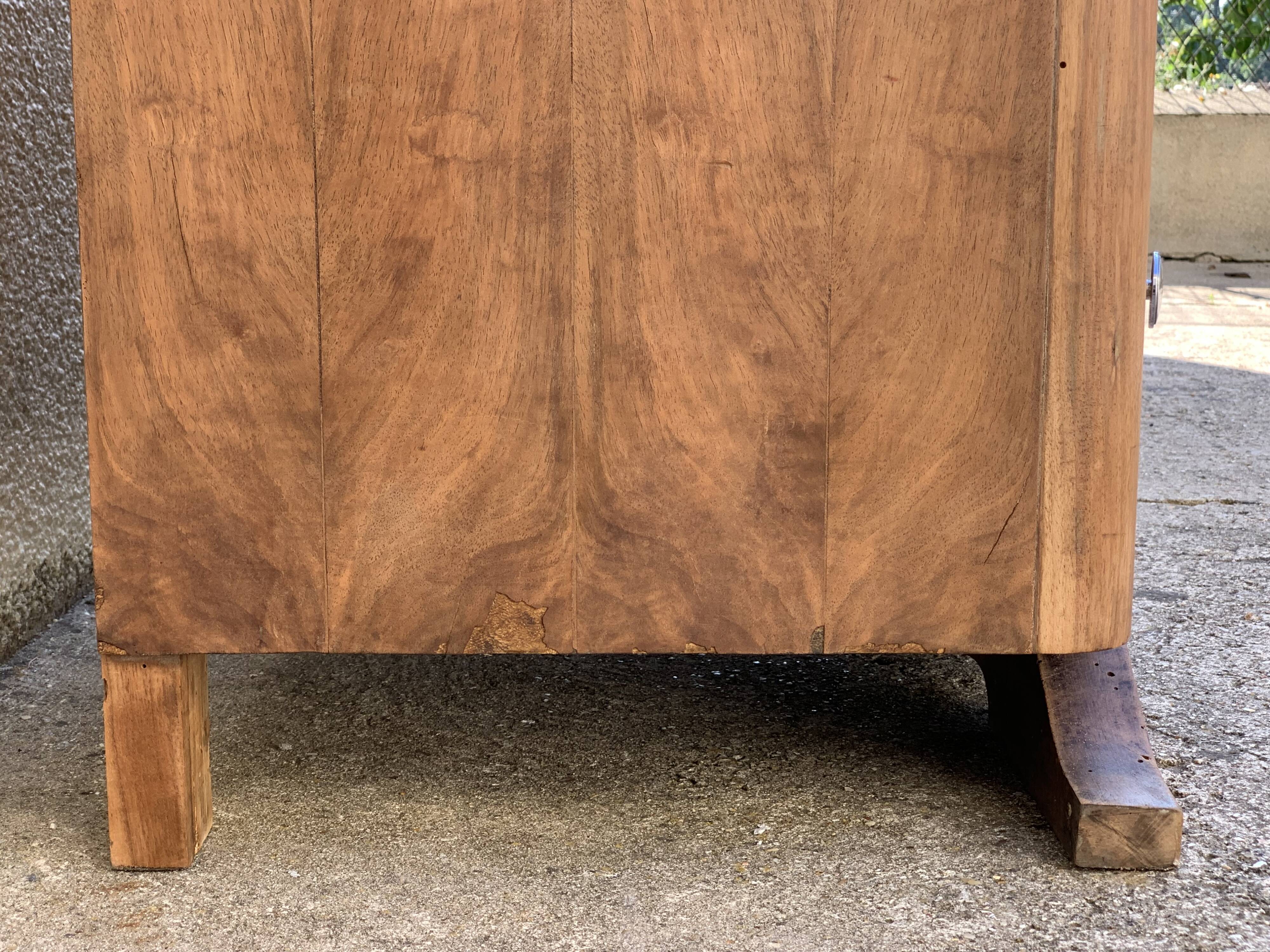 High art deco chest of drawers with mustache feet in raw walnut, 1930s