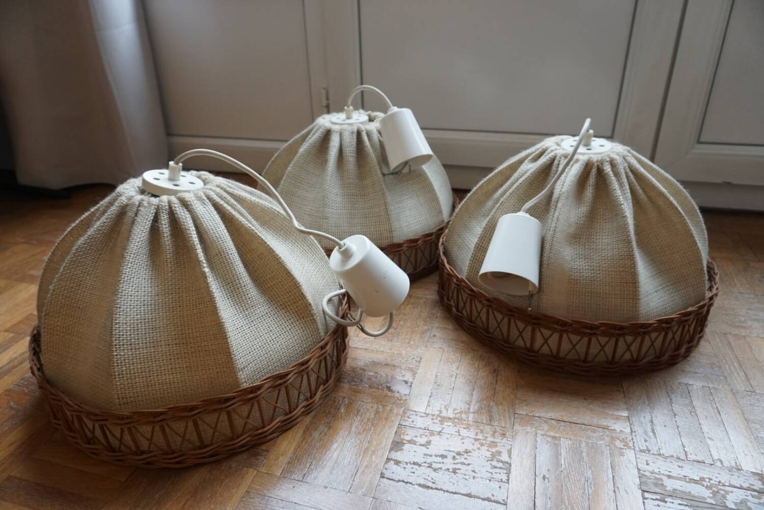 3 70s pendant lights - fabric and rattan