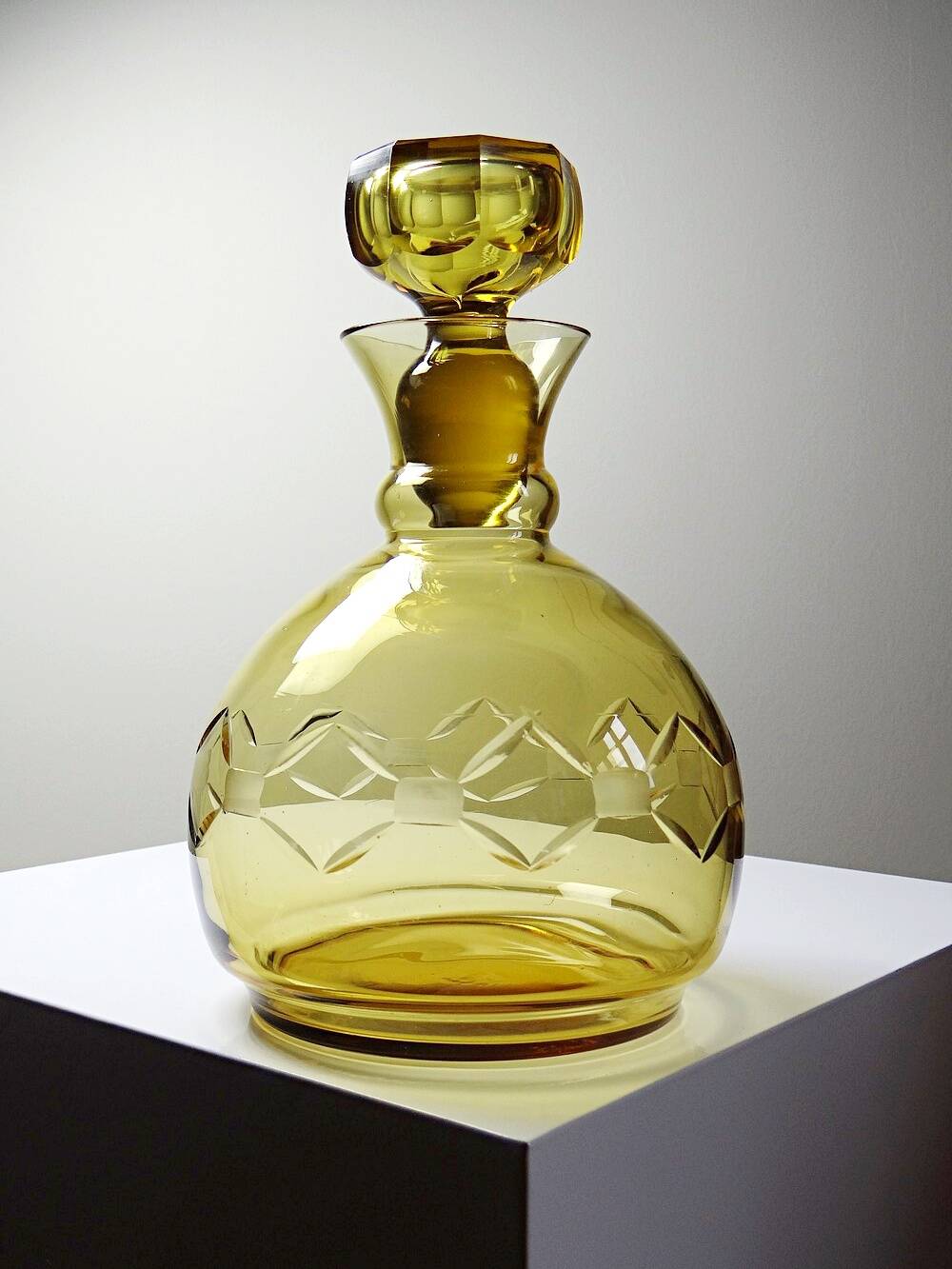 Vintage/antique Czech Amber Chiseled Blown Glass Decanter