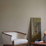 Sculptural 2-seater canapé in oak and wool, Danish "Skønvirke" style, 1920s.