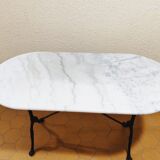 Oval carrara marble table (fixed) and two cast iron chairs