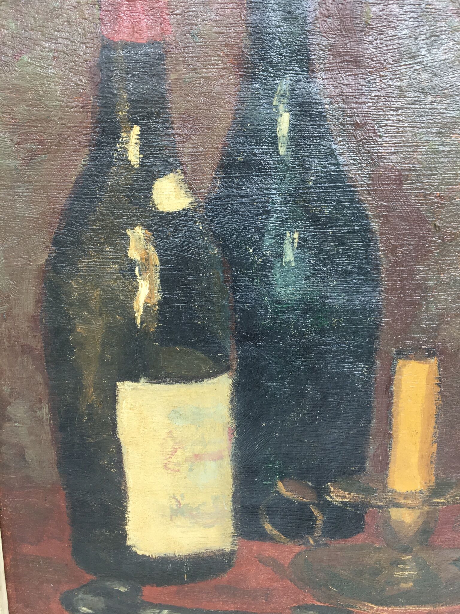 Still life with bottles of wine and candle district XX century