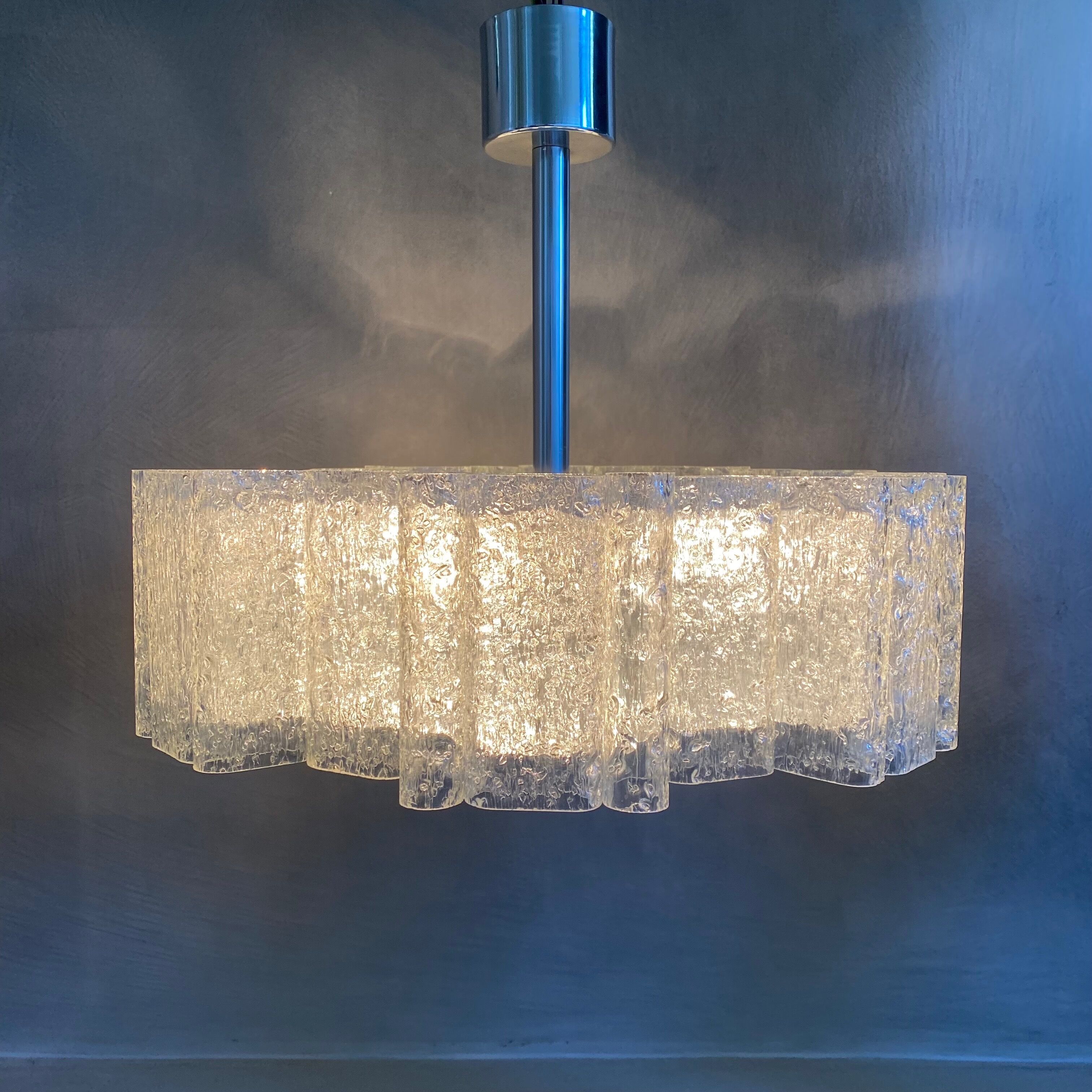 Glass chandelier by Doria Leuchten 1960s mid century lamp, vintage interior.