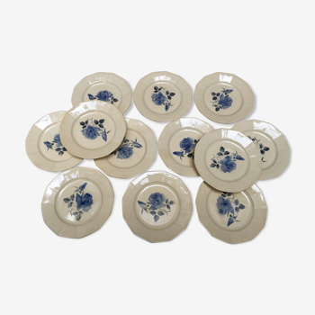 Set de 12 assiettes plates Digoin motif Roses bleues