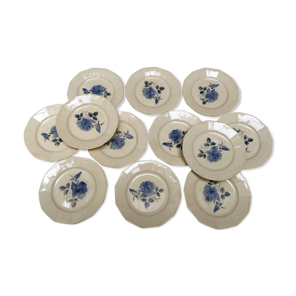 Set of 12 Digoin flat plates pattern blue roses