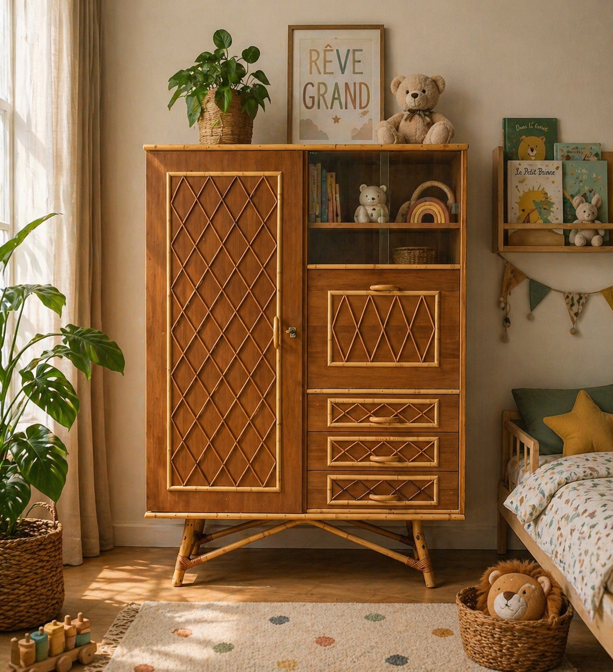 Rattan wardrobe with tapered legs from the 1960s.