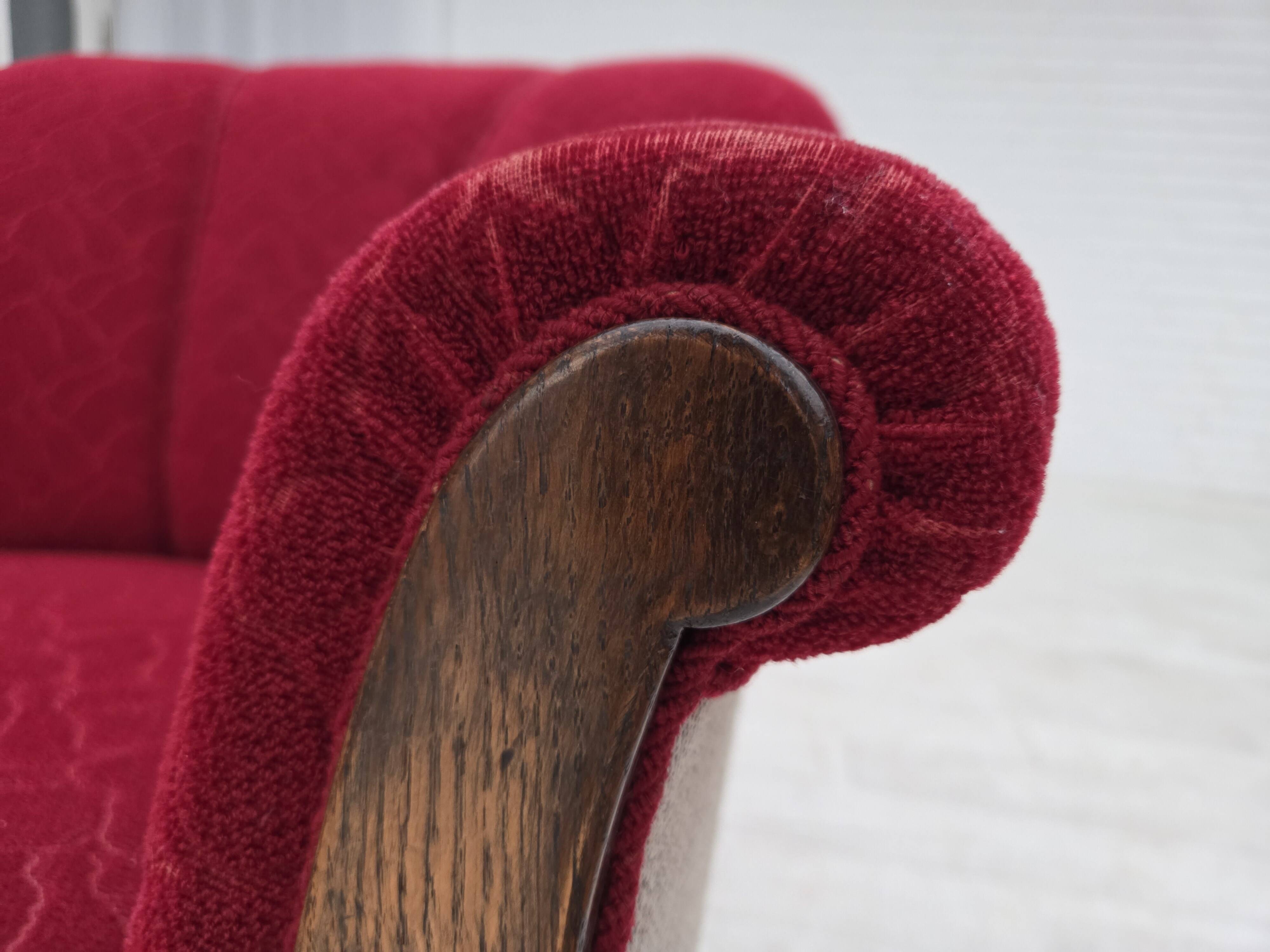 1950s, Danish armchair, red and light grey furniture wool, carved oak wood.