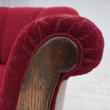 1950s, Danish armchair, red and light grey furniture wool, carved oak wood.