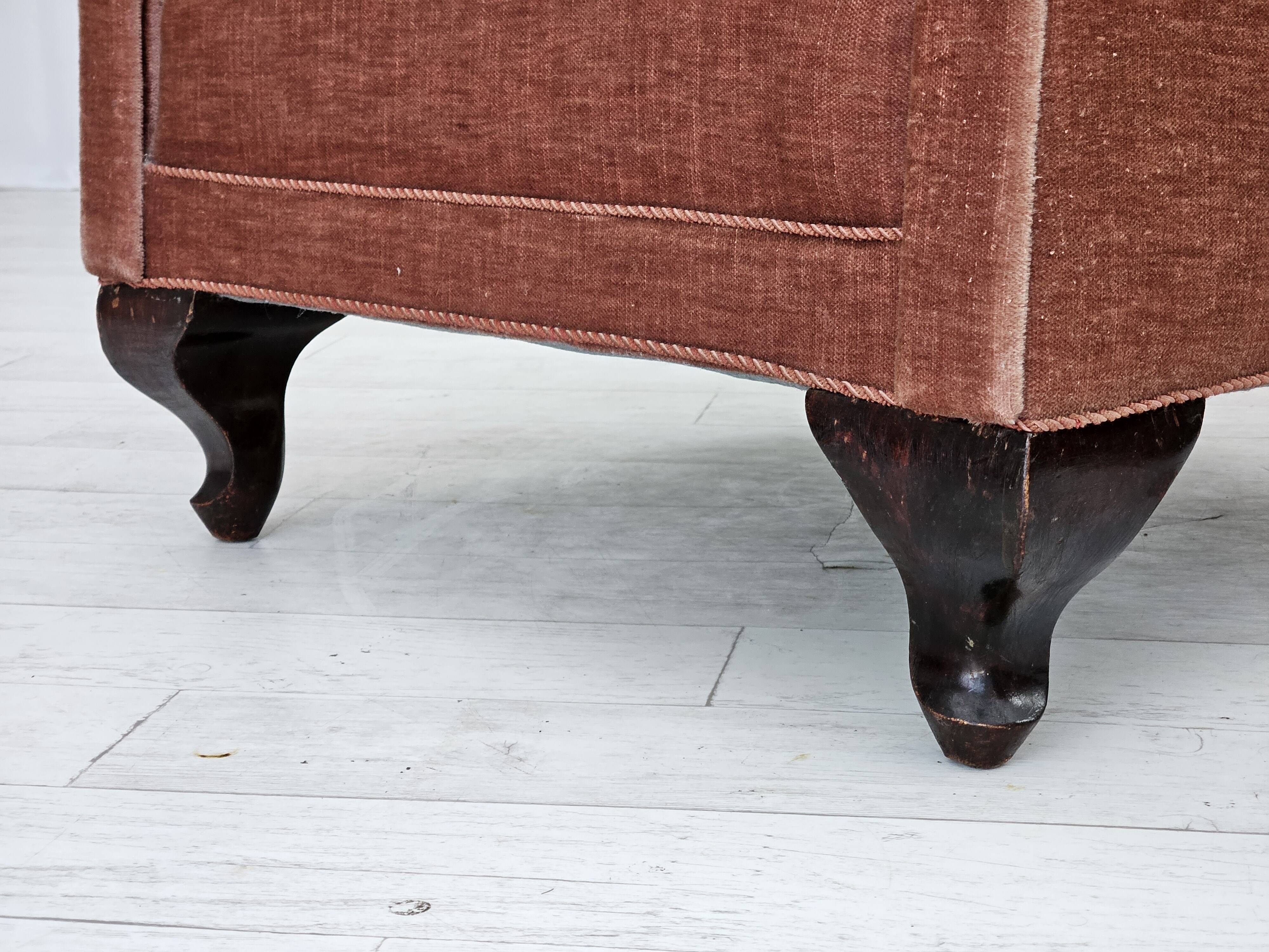 1960s, Danish armchair, salmon pink furniture velour, ash wood legs.