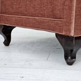 1960s, Danish armchair, salmon pink furniture velour, ash wood legs.