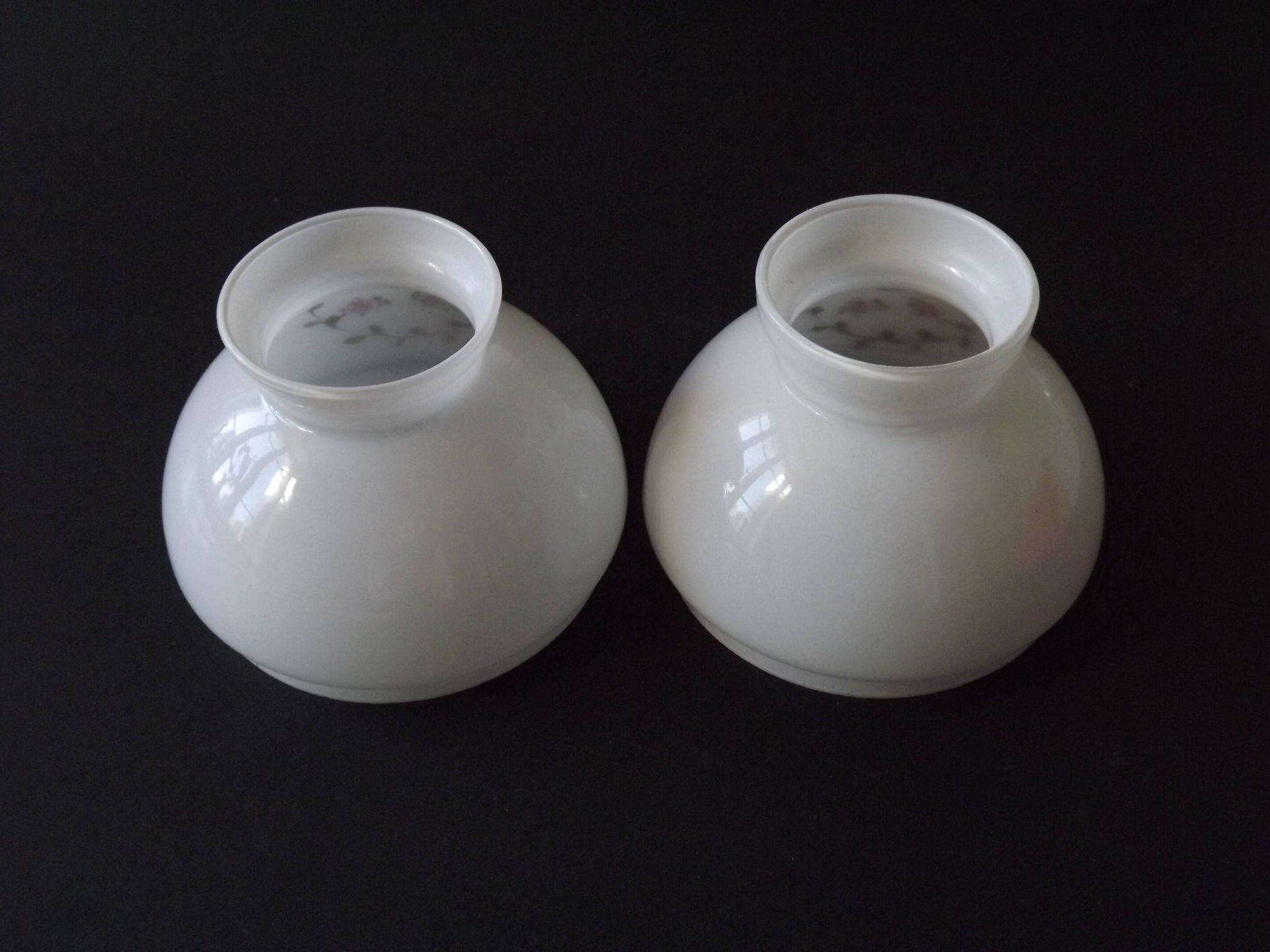 Pair of Vintage White Milk Glass Lamp Shades With Pink Roses & Gold Foliage