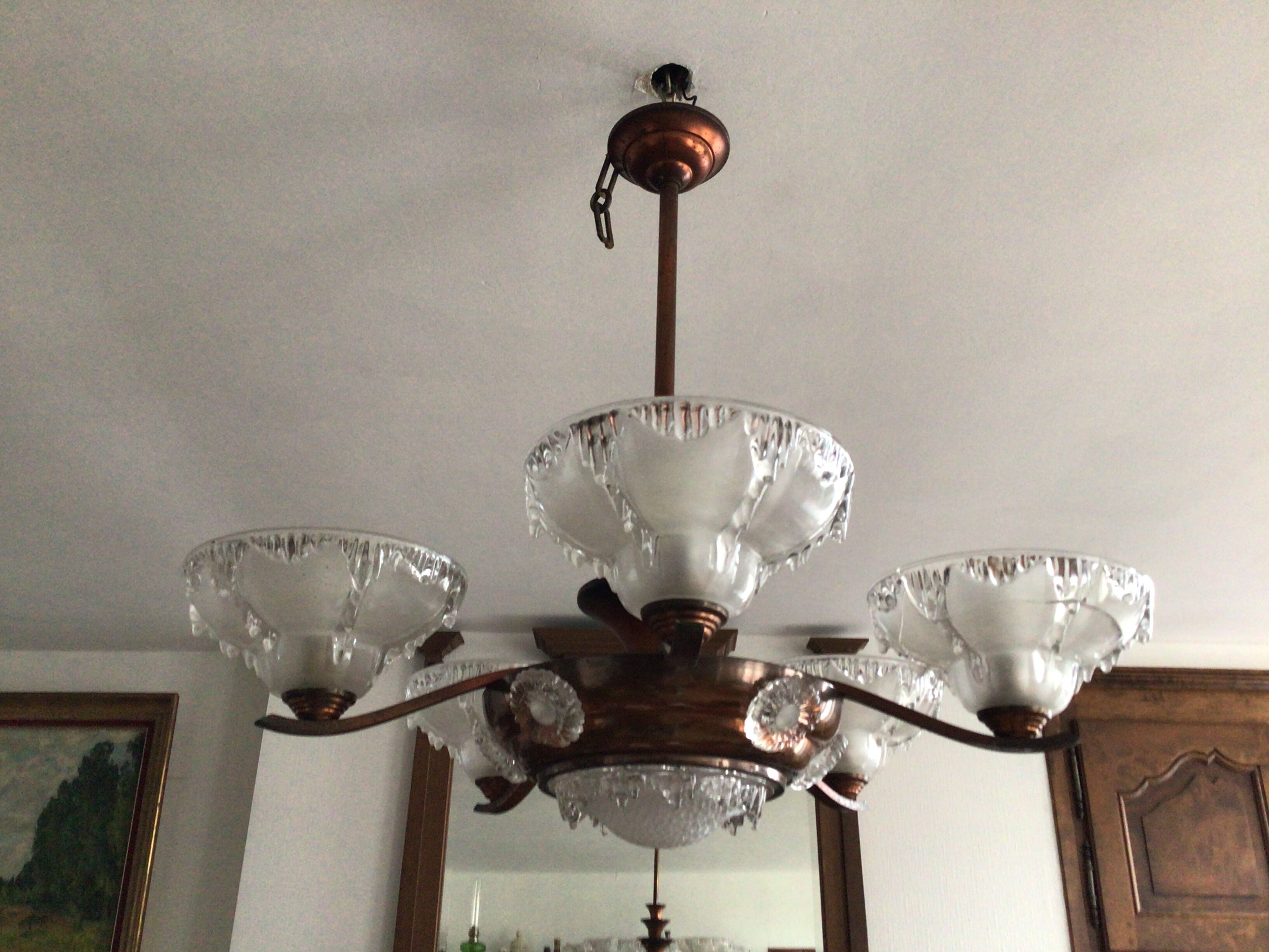 Copper chandelier and Art Deco glass paste Ezan