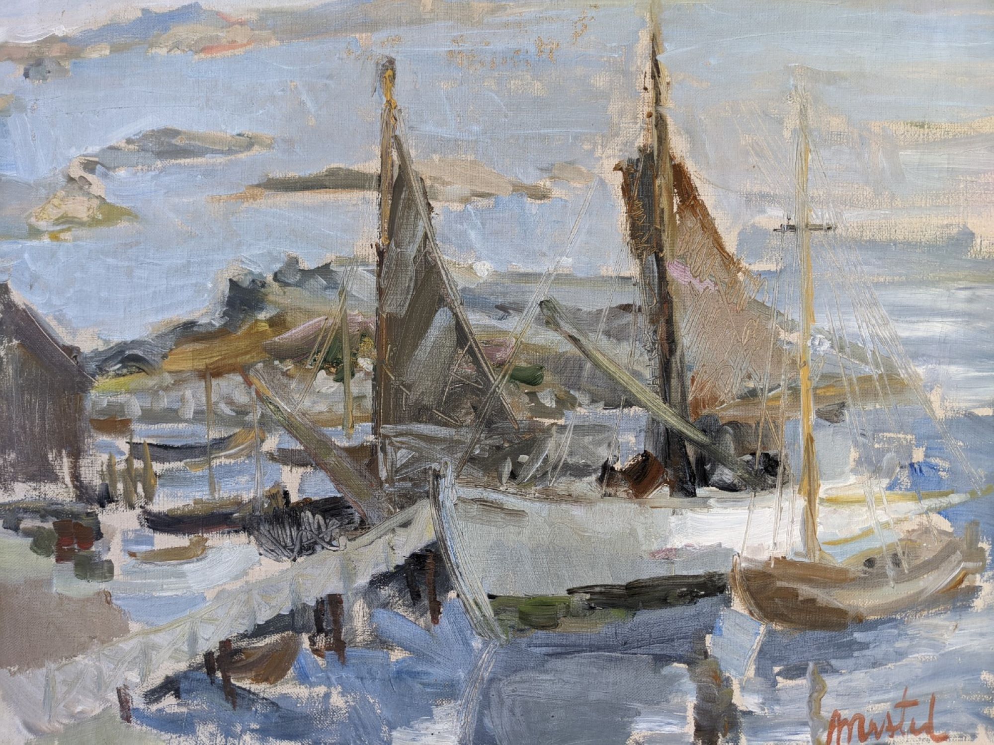 Mid-century modern swedish "archipelago boats" vintage seascape, framed oil painting