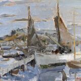 Mid-century modern swedish "archipelago boats" vintage seascape, framed oil painting