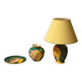 Ceramic lamp, vase and matching plate, Drimmer