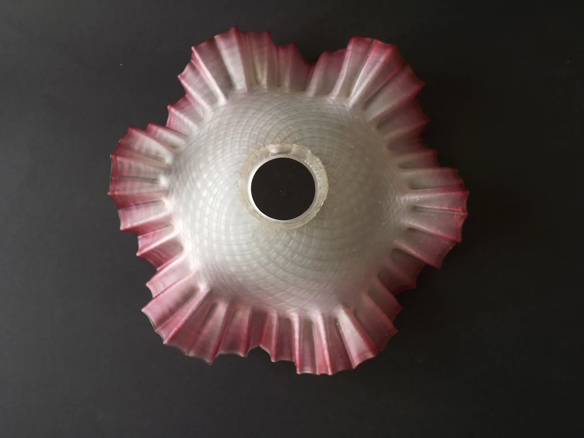 French Vintage 1930s Patterned Pink And White Frilled Glass Shade