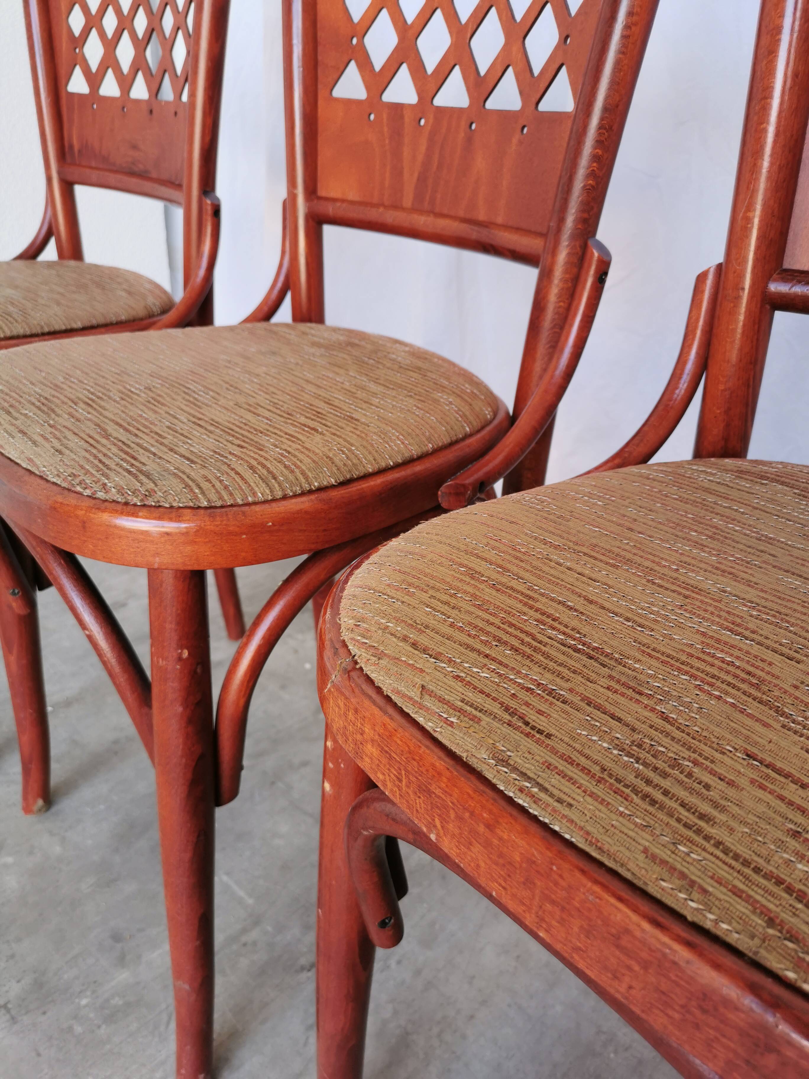 Vintage Italian Bistro Chairs - 1980s Reddish Wood, Brown Fabric - Set of 4