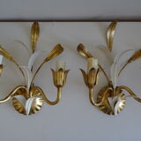 Pair of golden metal wall lights with vintage foliage flower decor