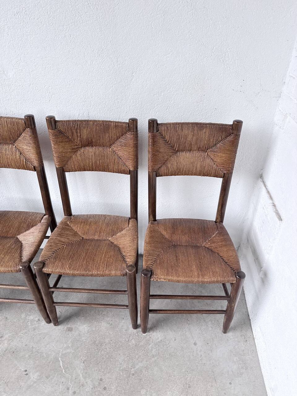 Set of 6 straw and oak Beauche chairs.