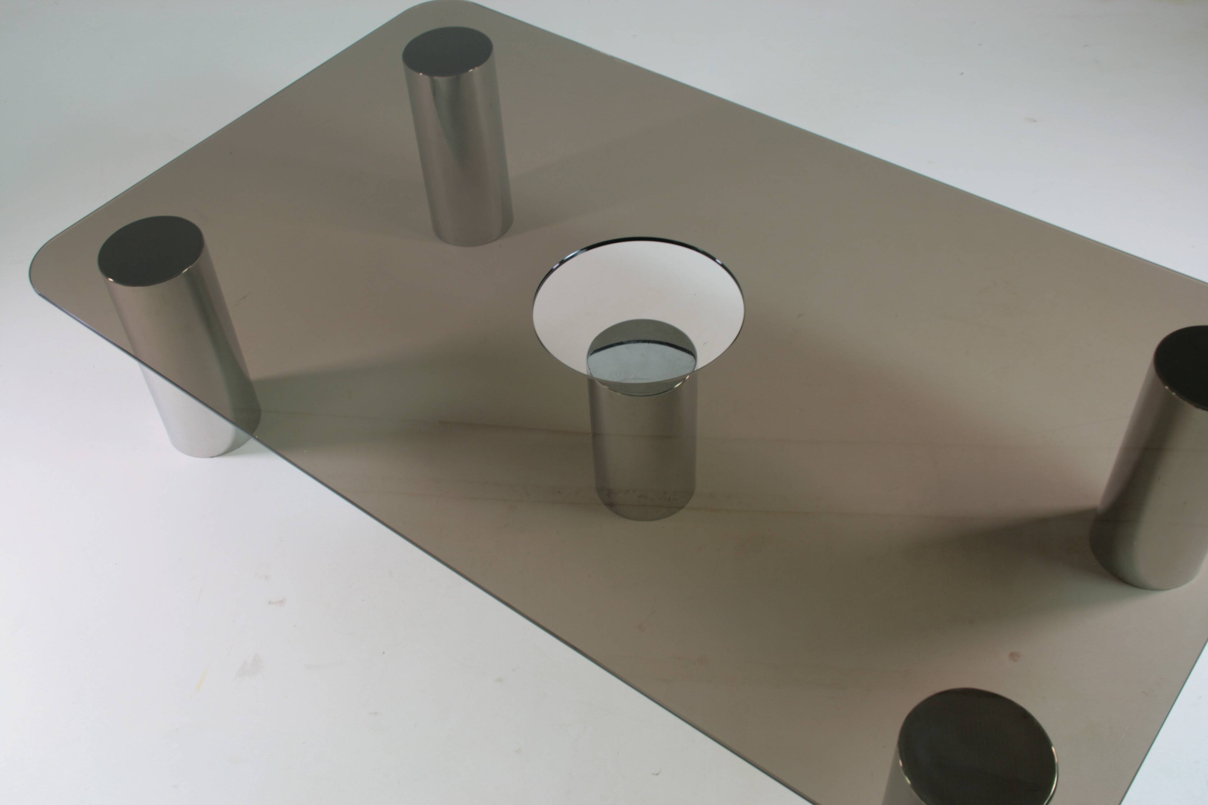 Large coffee table in chromed metal and smoked glass, Italy 1970
