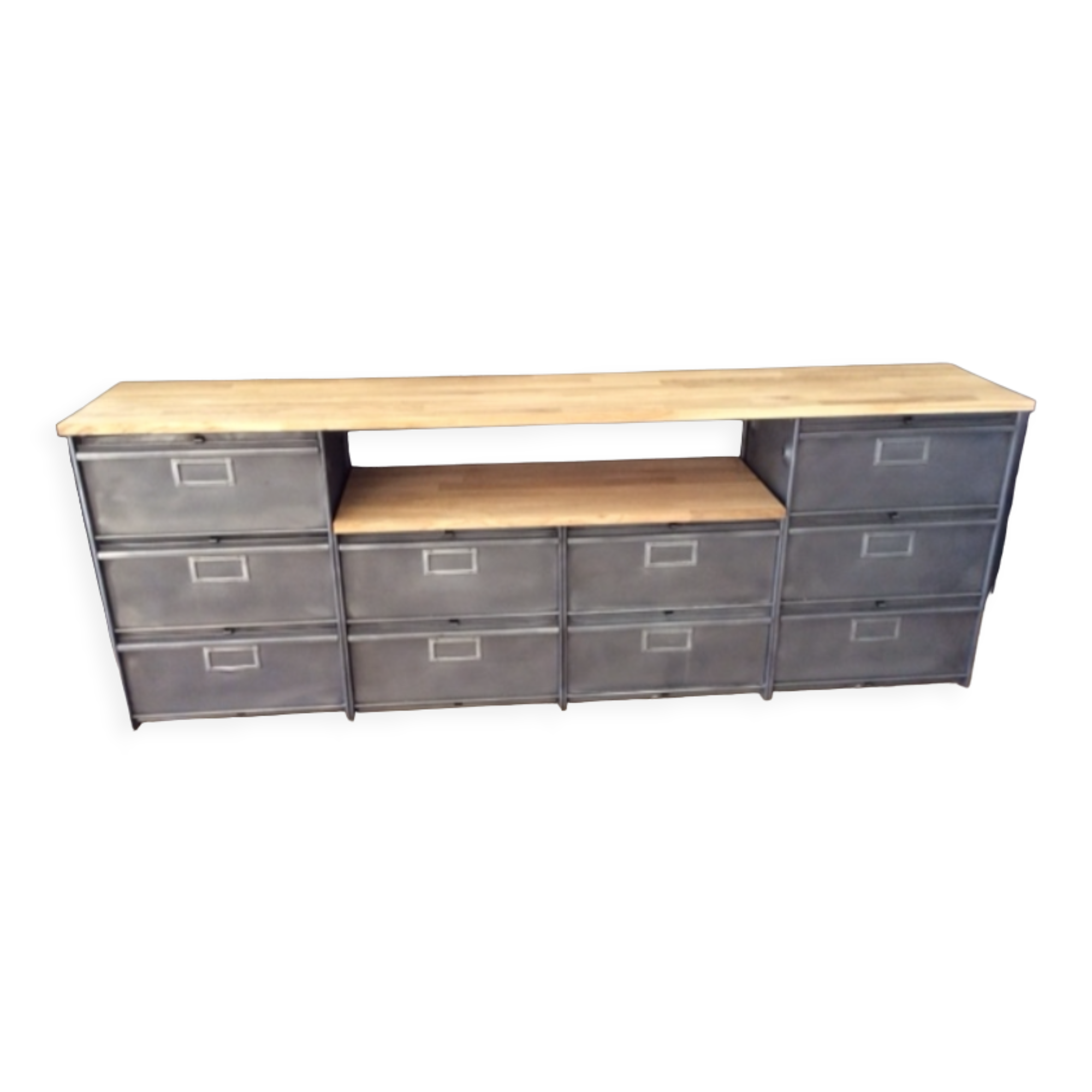 Industrial tv stand with roneo wood valves