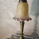 Art deco bronze lamp with pretty purple tulip, 41x15 electricity ok