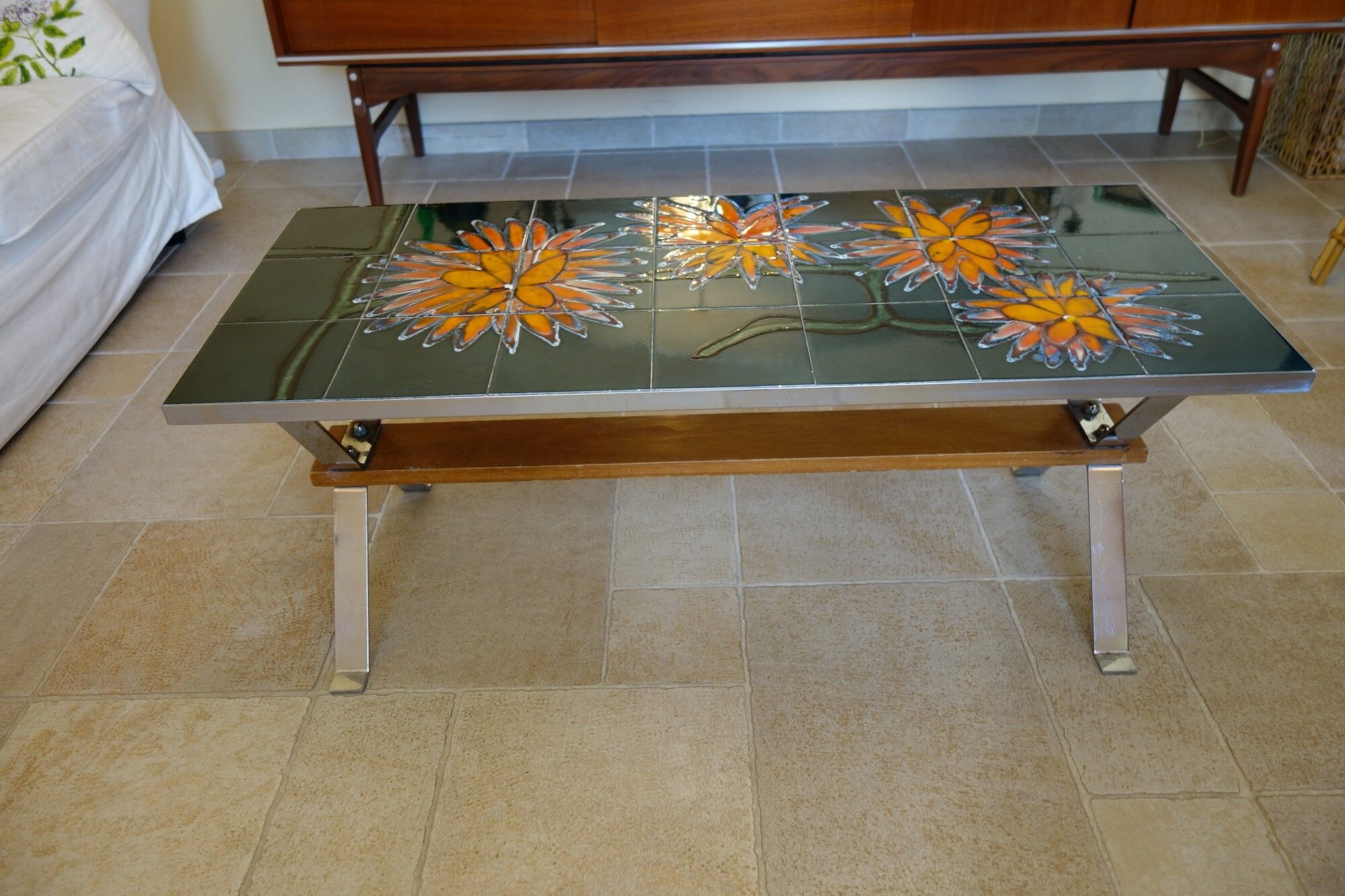 Table basse vintage années 70 - Plateau métal chromé et ...