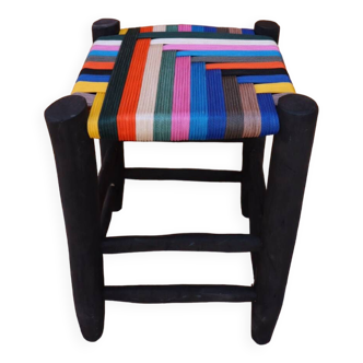Moroccan stool in wood and multicolored nylon