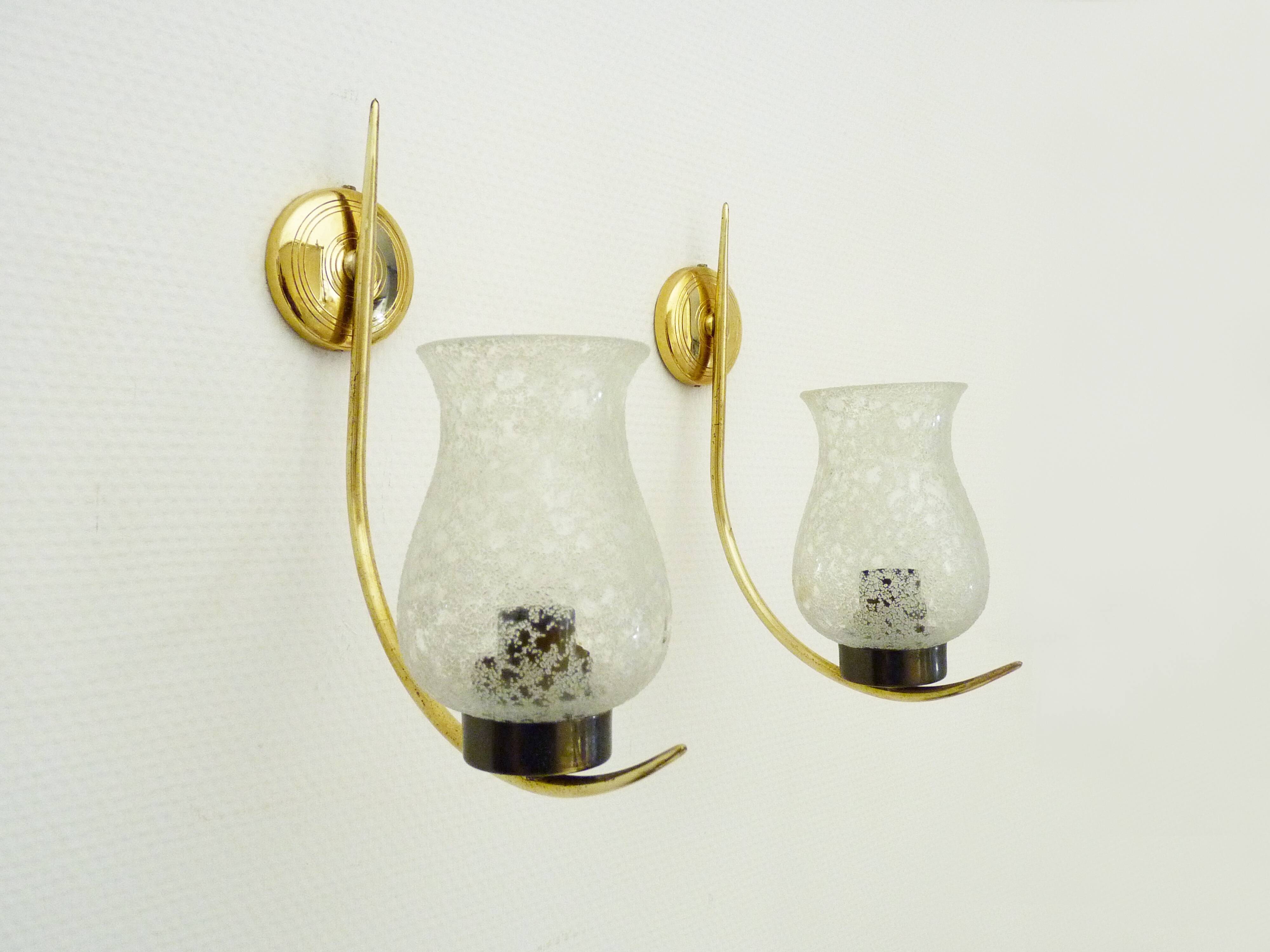 Pair of brass glass tulip wall appliques 60s