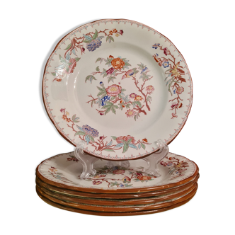 Lot de 6 assiettes Sarreguemines décor pivoines et oiseau période 1860-1920