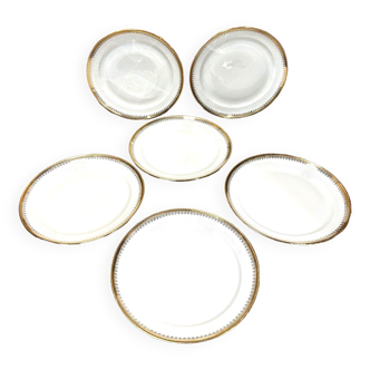 Series of 6 flat plates, Berry porcelain, "PL", gilded fillet, vintage chic