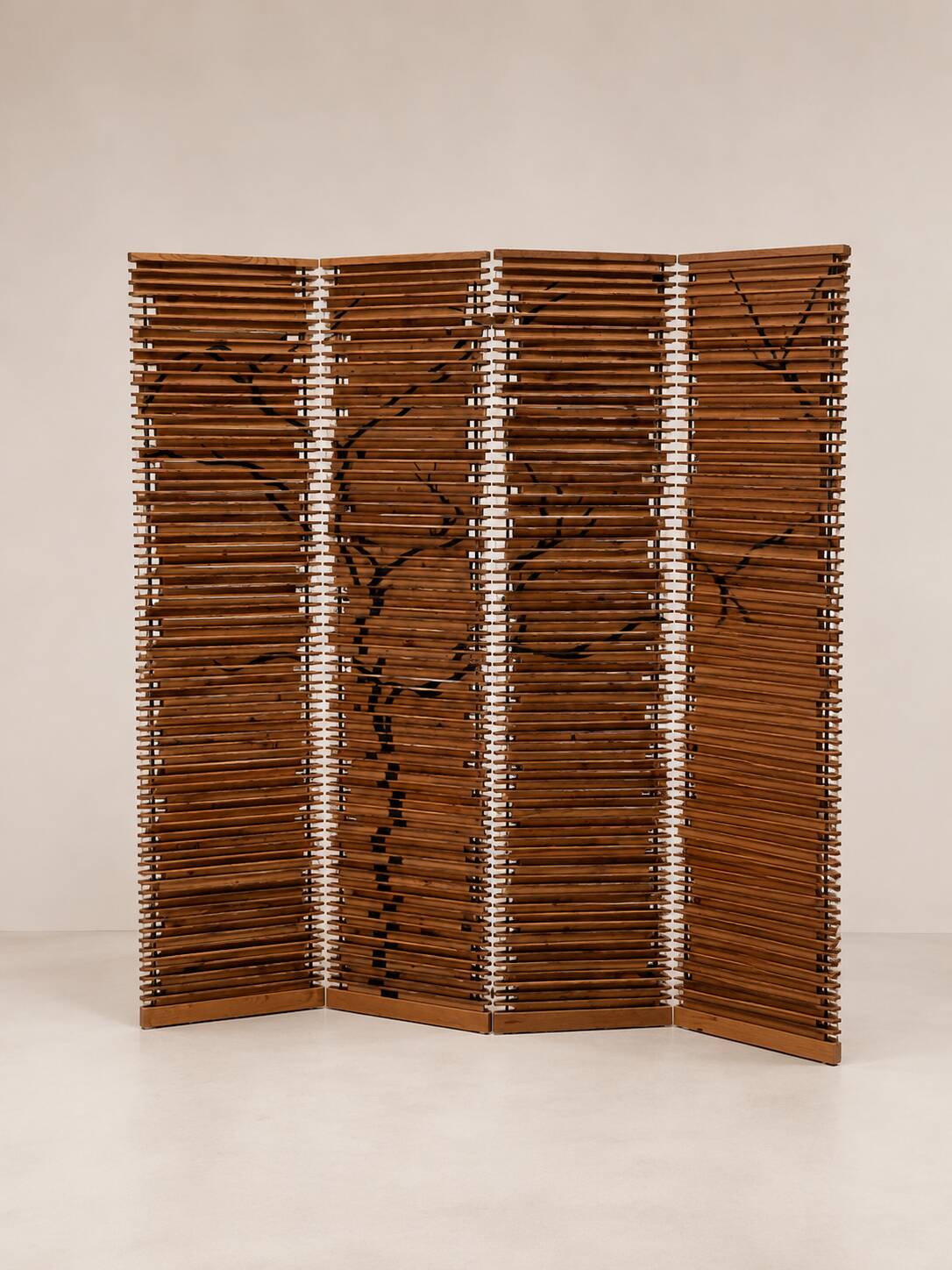 Wooden screen with slats, black plant decoration.
