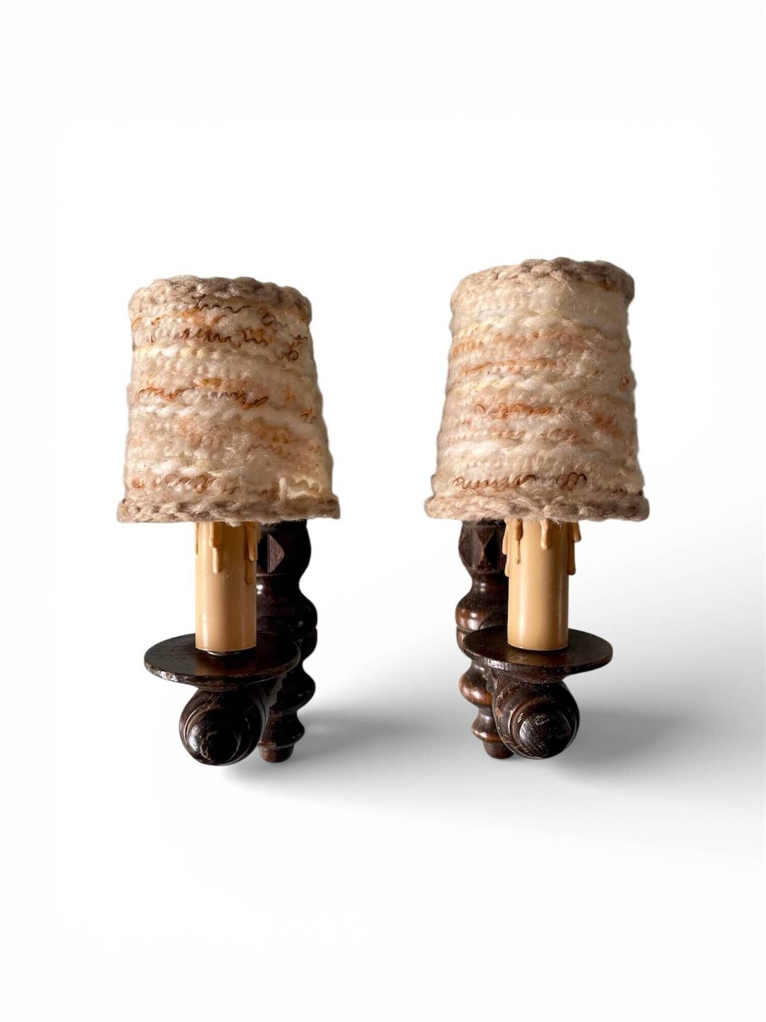 Pair of turned wooden wall lights, France 1940