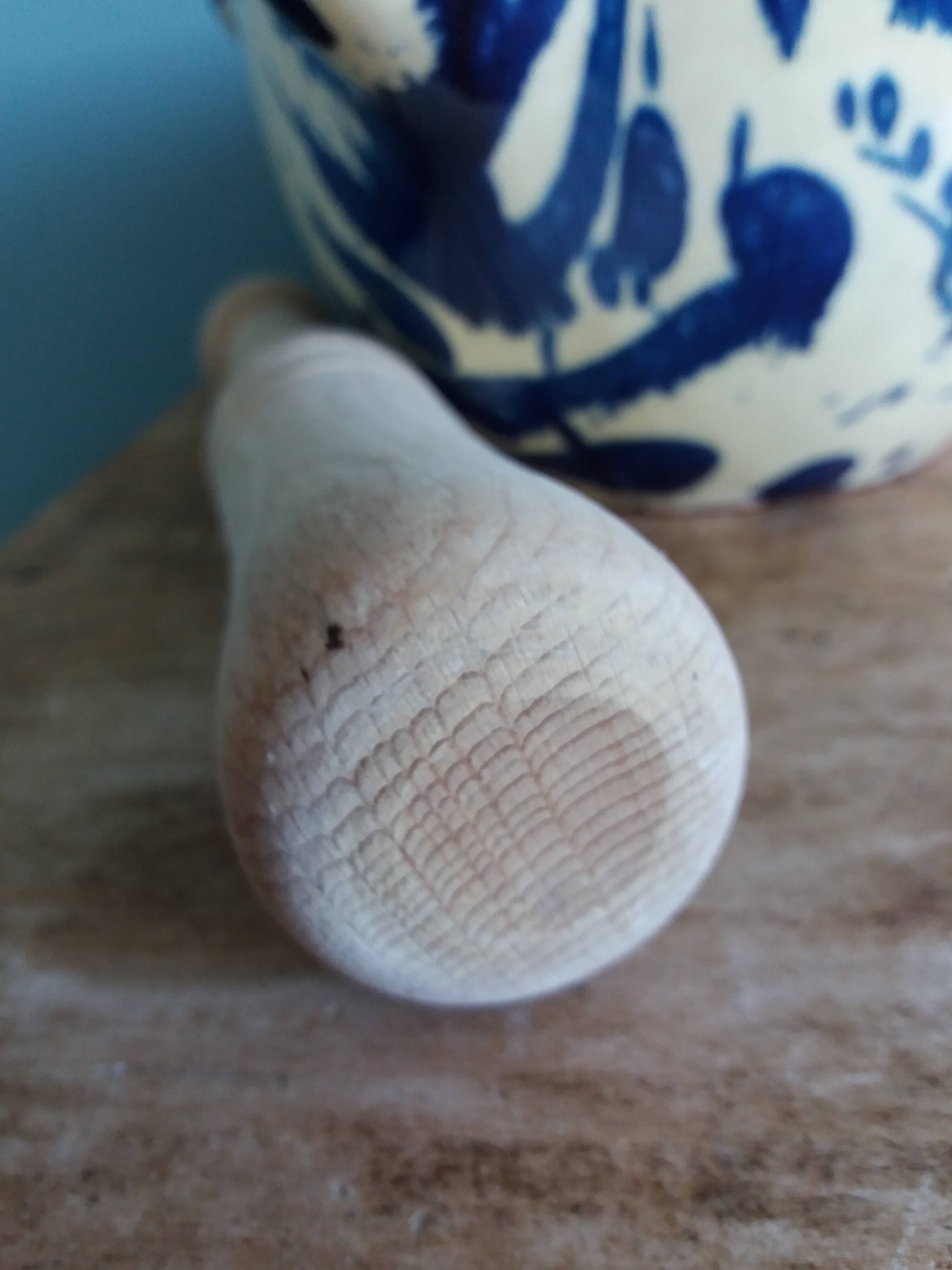 Glazed terracotta mortar and wooden pestle