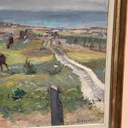 Original Swedish Oil on Canvas – "Coastal Scene with Horses" by Georg Lodström – Signed – 1947 – Framed – 77 × 66 cm