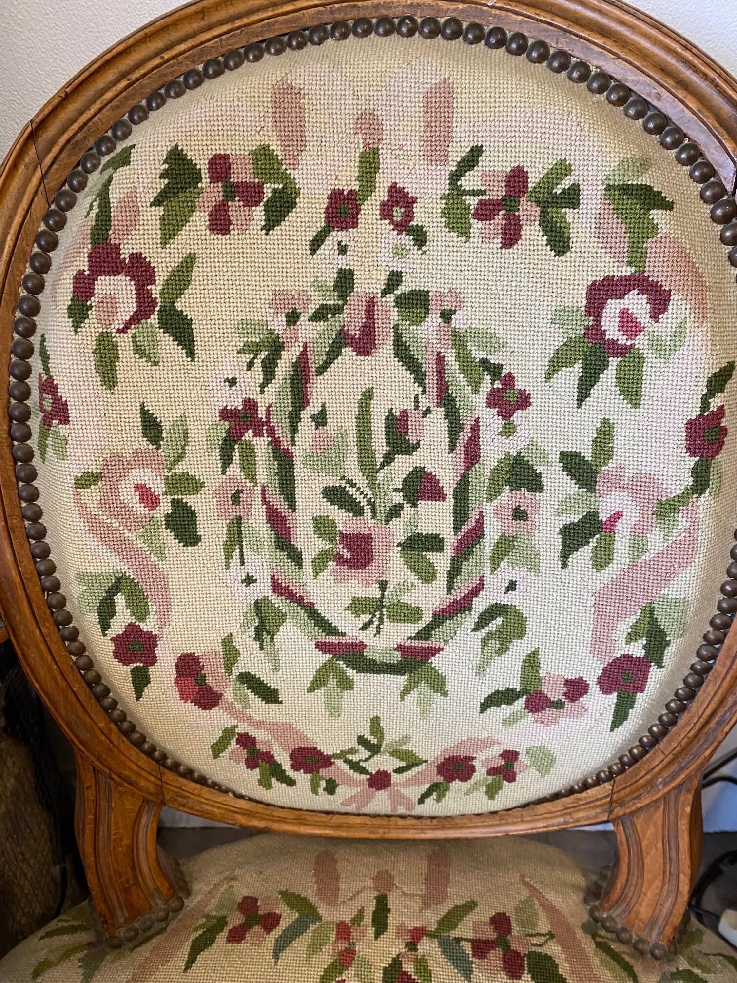 Louis XVI style medallion armchair with floral needlepoint tapestry