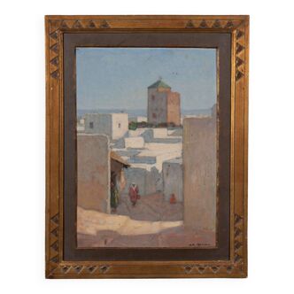 Huile par Alexis Louis de Broca Scène de rue La Kasbah des Oudayas Maroc XXe