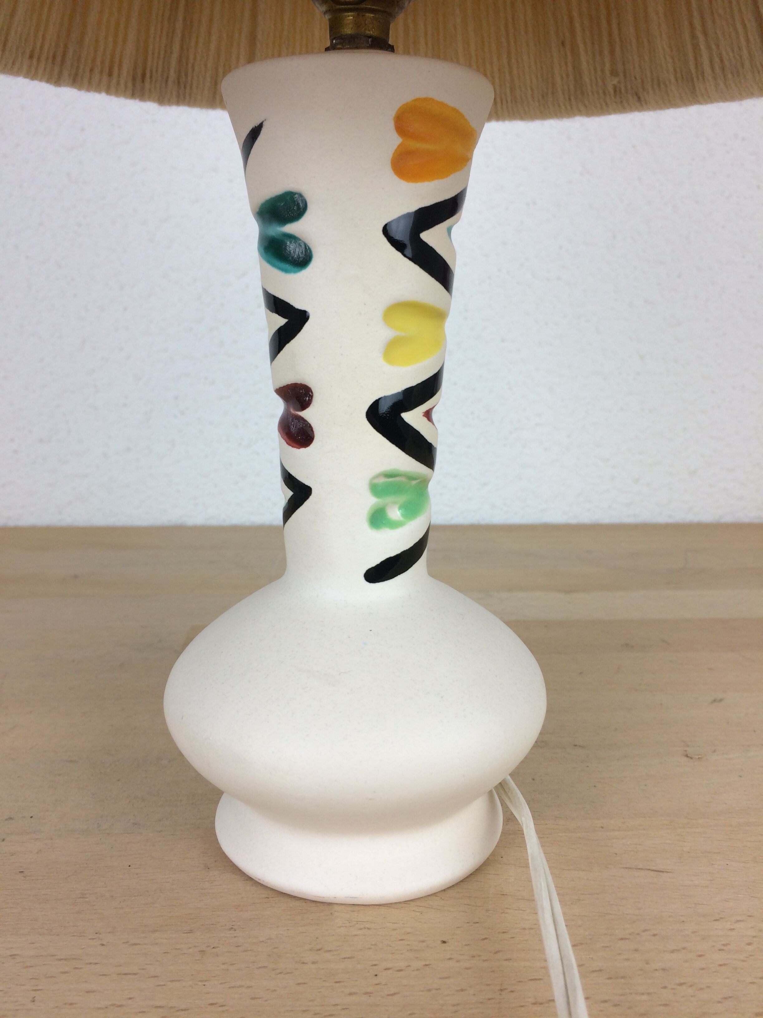 Ceramic lamp 60s and lampshade white wool