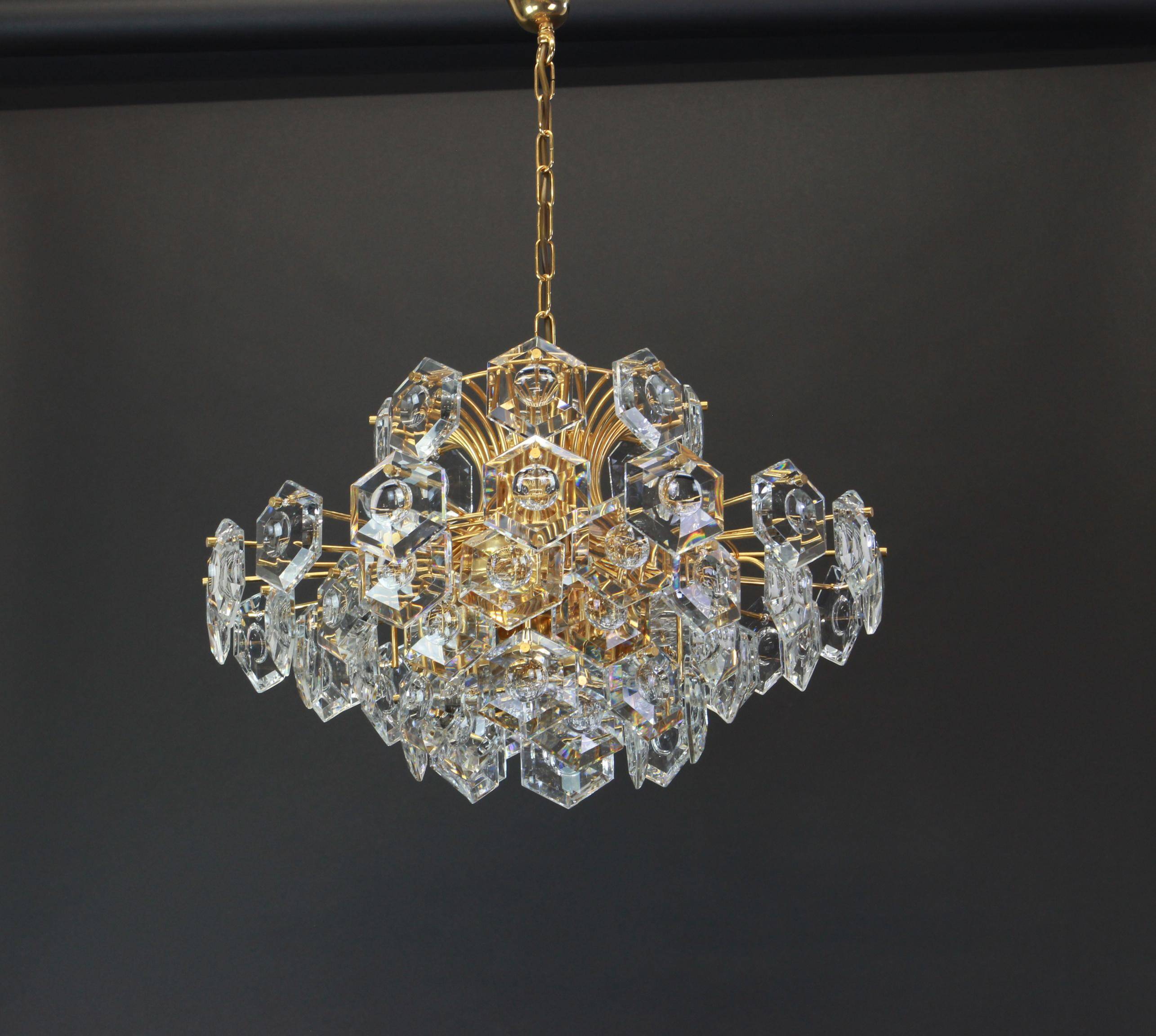 Large gilded brass and crystal chandelier by Kinkeldey, Germany, 1960s.