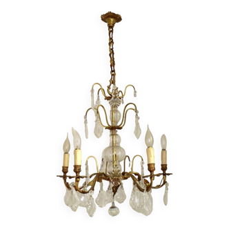 Grand lustre français antique en laiton et verre à 5 lumières orné de cristaux 4071