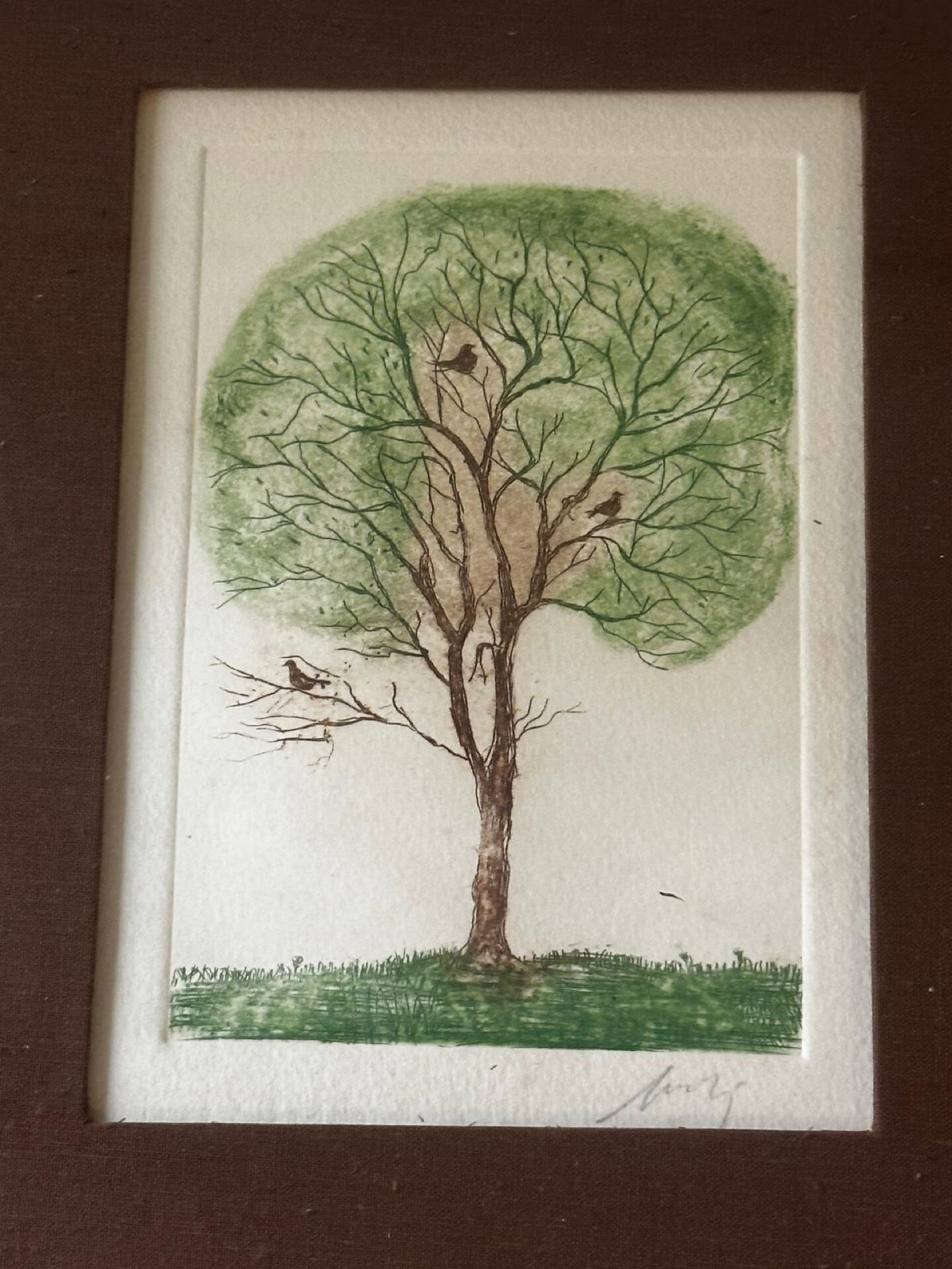 Original signed drawing – Tree with birds - frame 33/28 cm