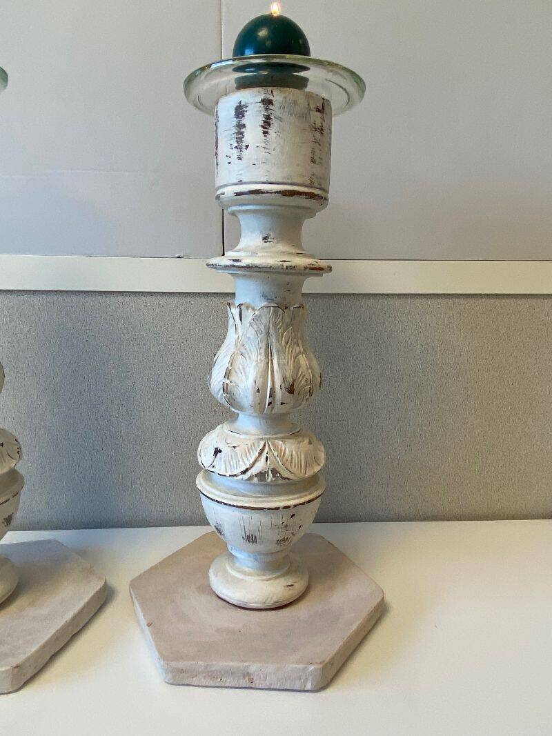 Pair of Large Candlesticks Candle Holders Turned Wood Carved Bleached