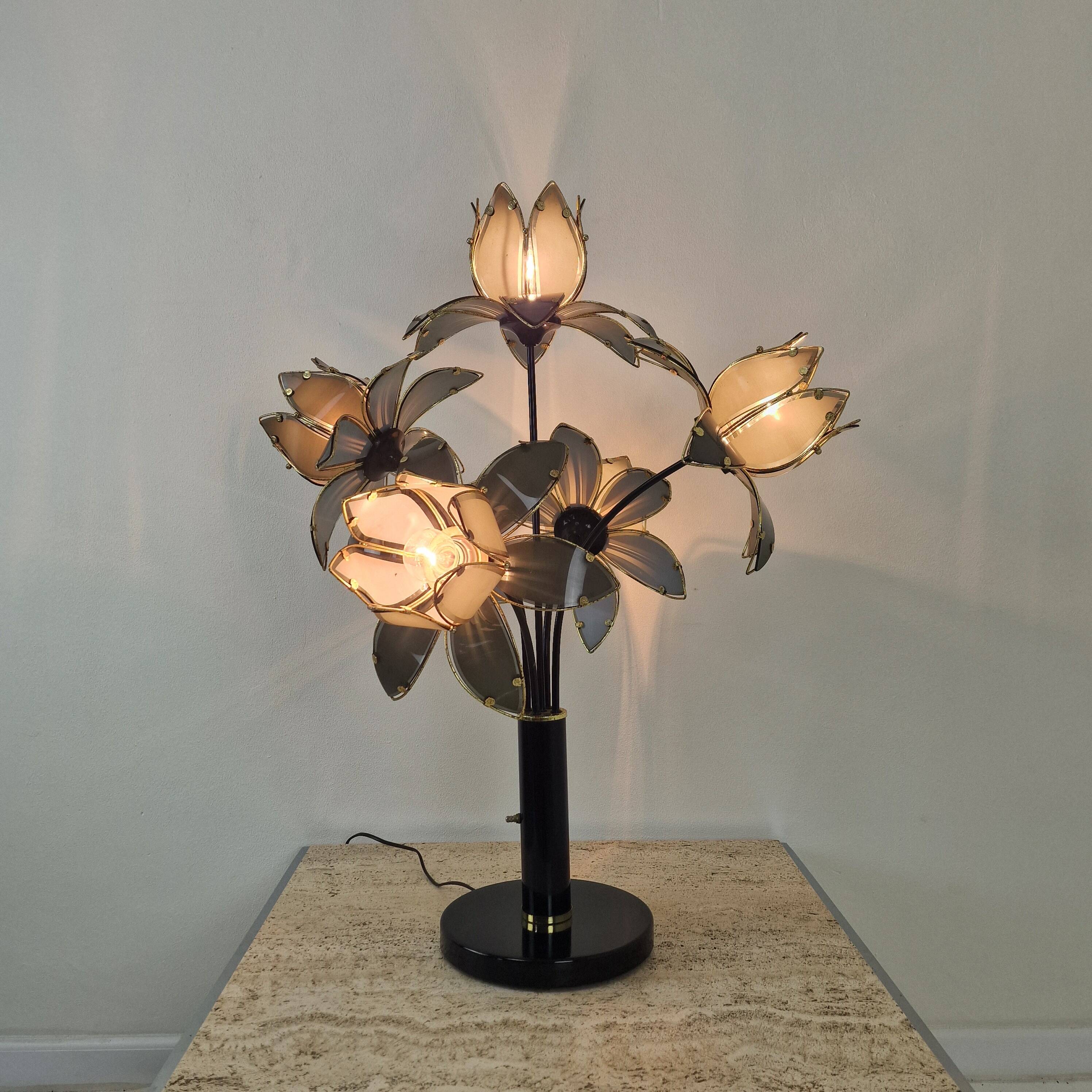 Hollywood Regency 5-Light Lotus Flower Table Lamp in Smoked Glass, 1980's