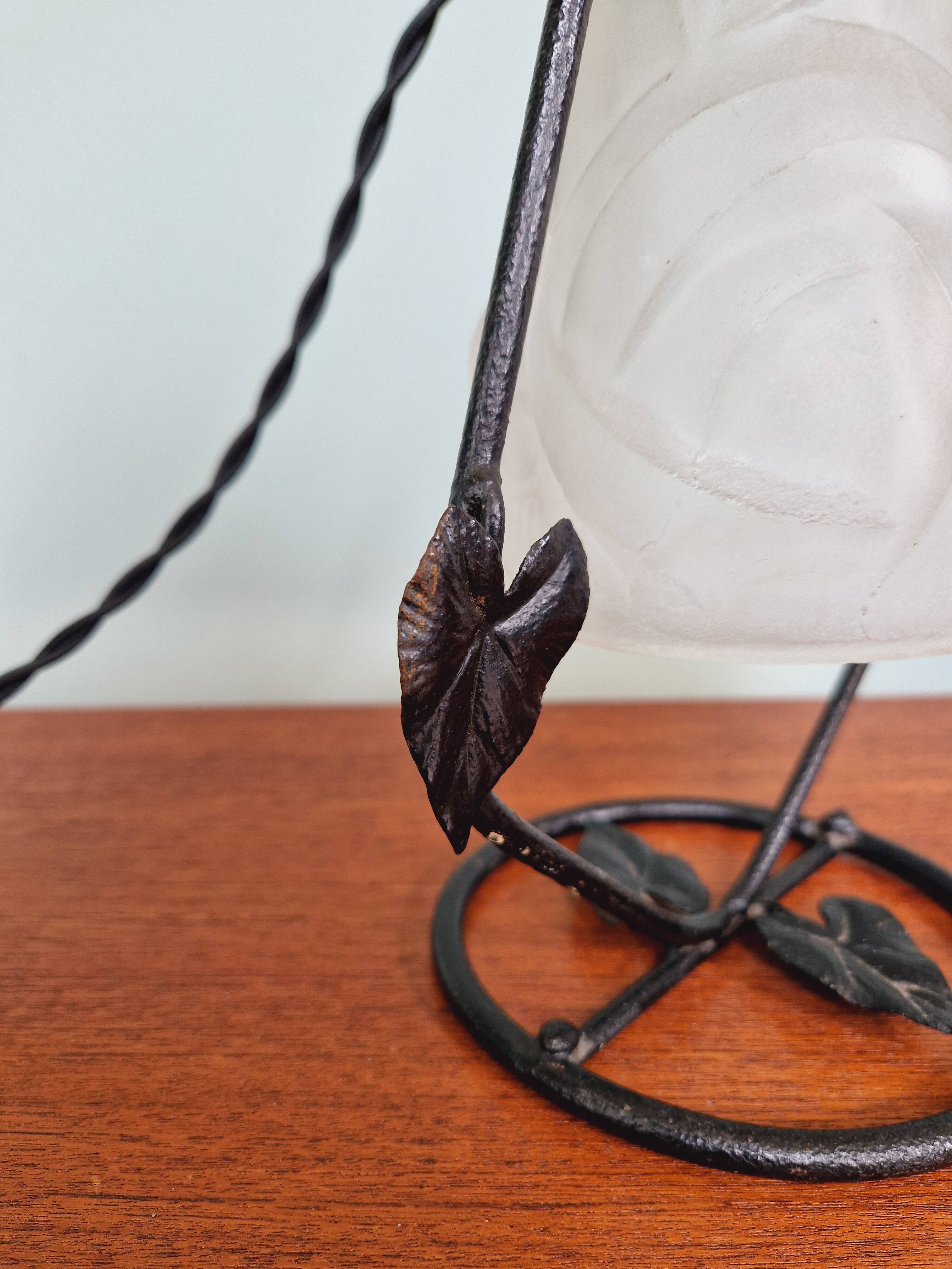 Art Deco night light in wrought iron and satin glass signed Degué