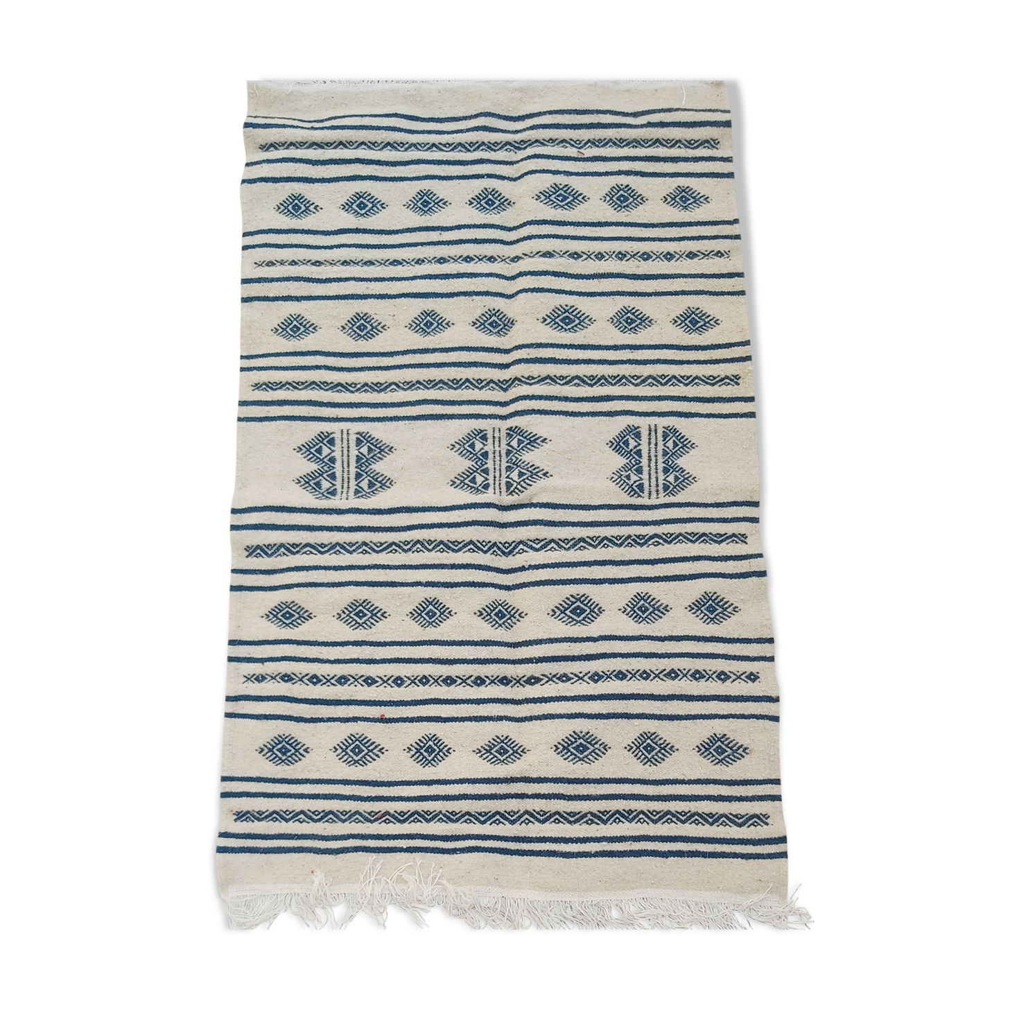 Hand-woven white and blue kilim carpet  75x125cm