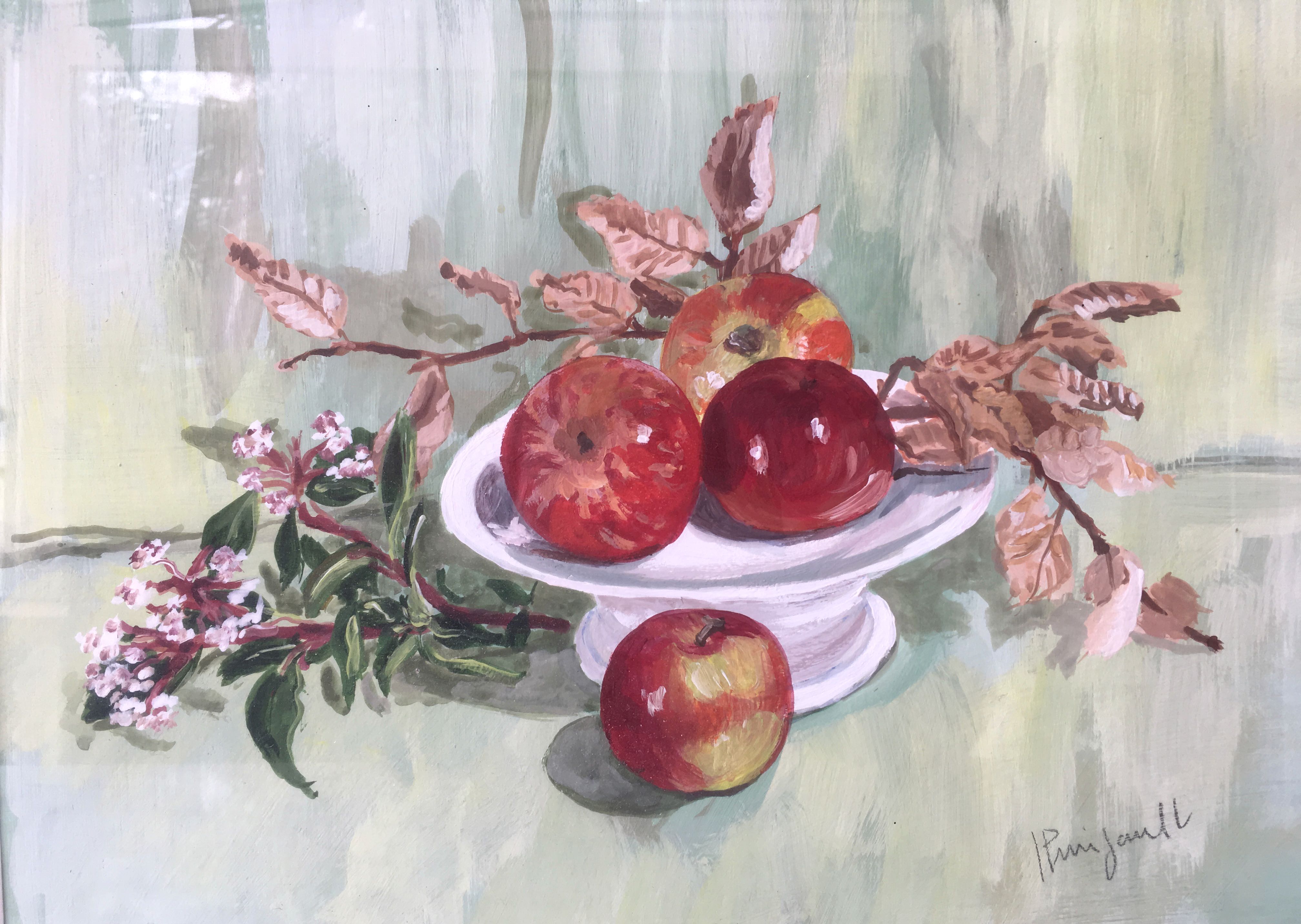 Watercolor painting apples elderflowers