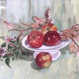 Watercolor painting apples elderflowers