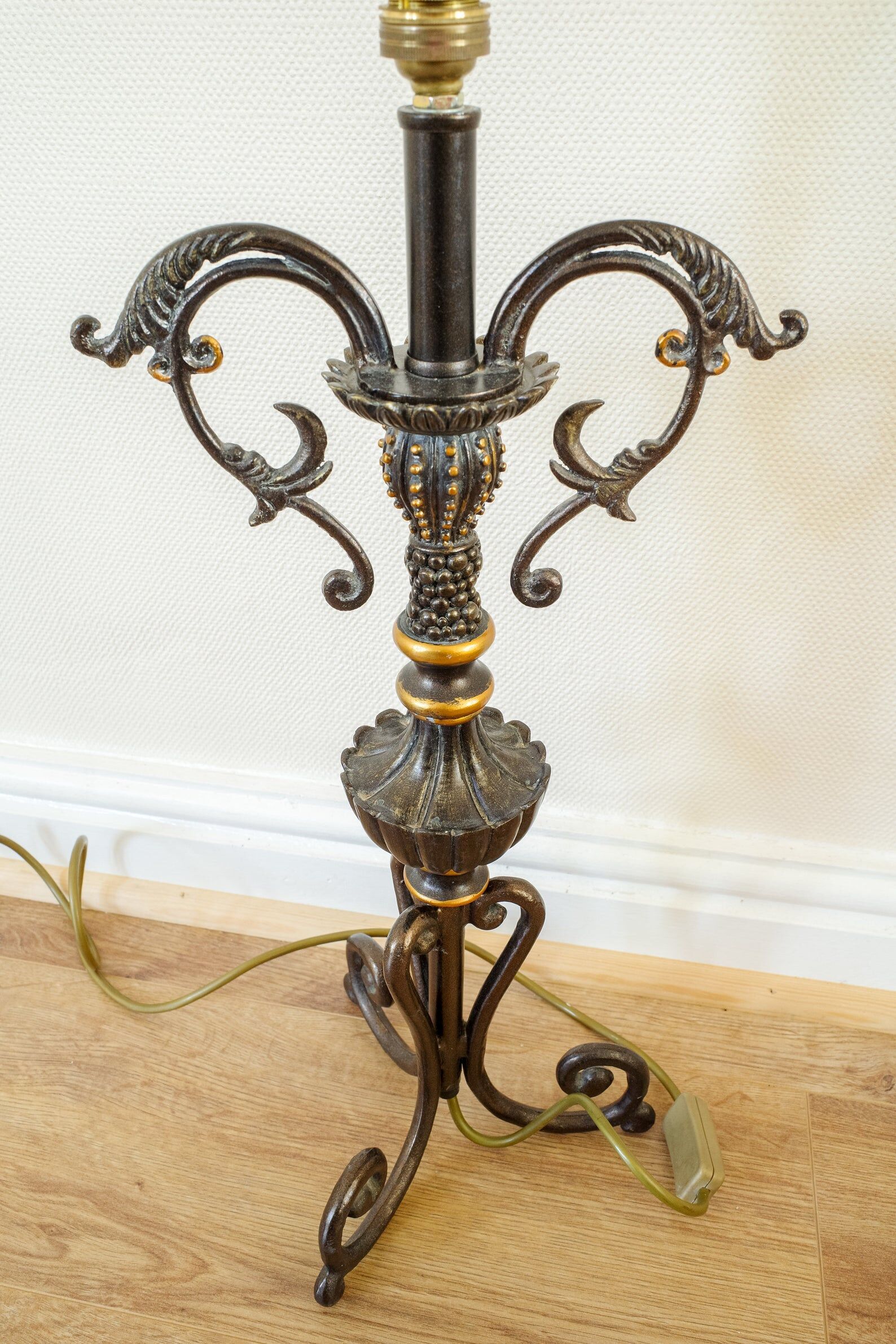 Vintage Large Black & Gold Iron Table Lamp Base, Antique 1950s Metal Bedside Lamp