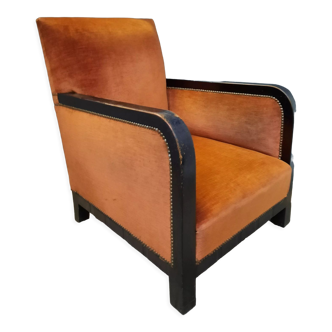 Wood and velvet club armchair