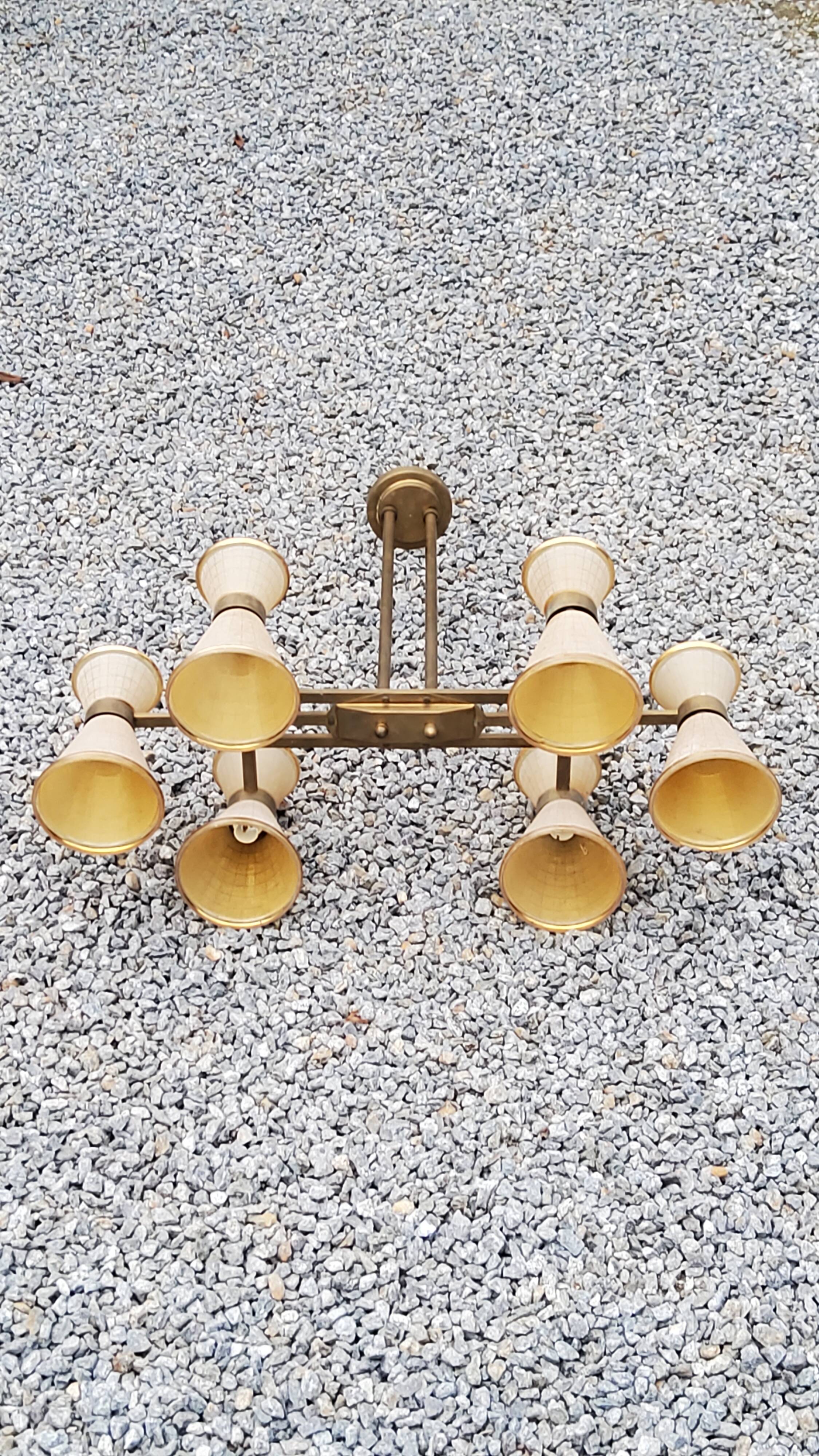Vintage chandelier from the 50s in glass and brass 6 diabolo glass tulips